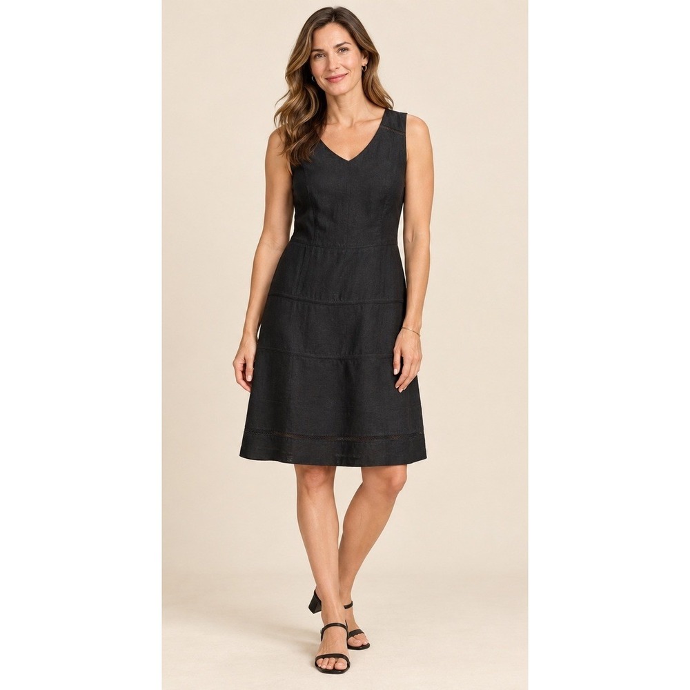 Talbots Linen Dress Women 10 Black Tiered Sleeveless A Line Preppy Lagenlook